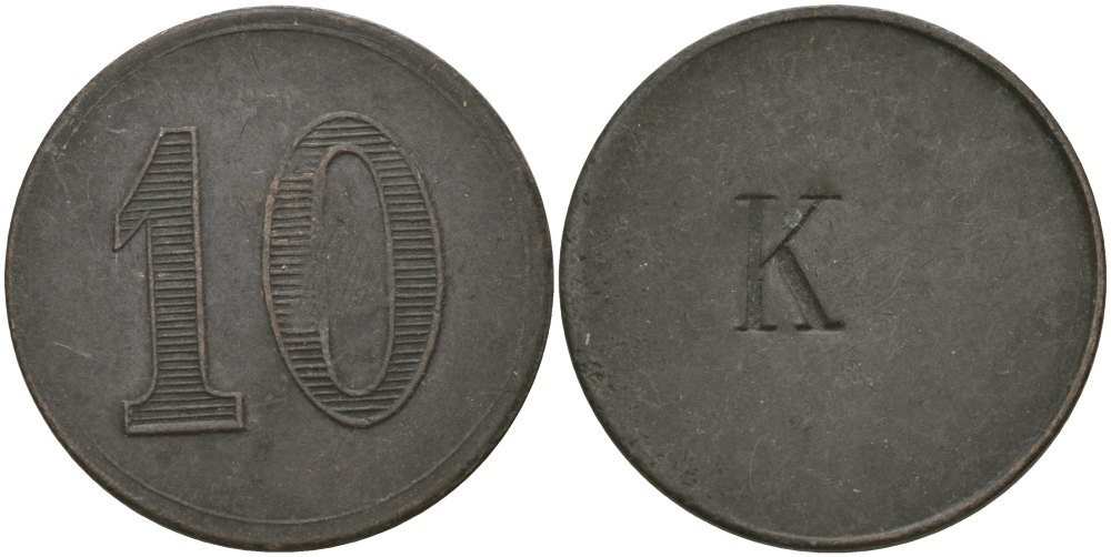 ФРАНЦИЯ 10 САНТИМОВ ND ПЛАТЕЖНЫЙ ЖЕТОН НАЧАЛА XX ВЕКА, НОМИНАЛ НА АВЕРСЕ, НА РЕВЕРСЕ НАДЧЕКАНКА БУКВЫ К, ЦИФРЫ НОМИНАЛА 12 ММ., ДИАМЕТР 24 ММ. медь 65-435