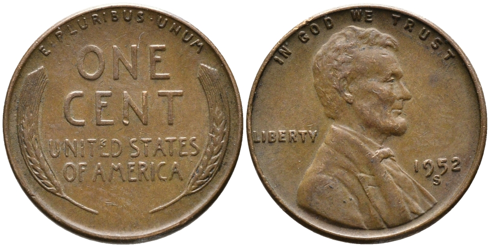 США 1 ЦЕНТ 1952 S, ЛИНКОЛЬН KM А132 медь цинк 100-513