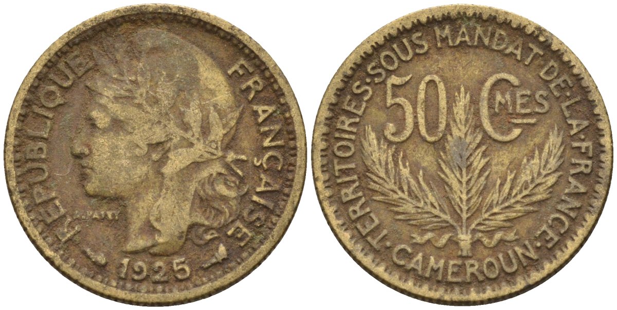 Французский Камерун 50 сантимов 1925 (а), монетный двор Париж KM 1 алюминиевая бронза 4164-1231