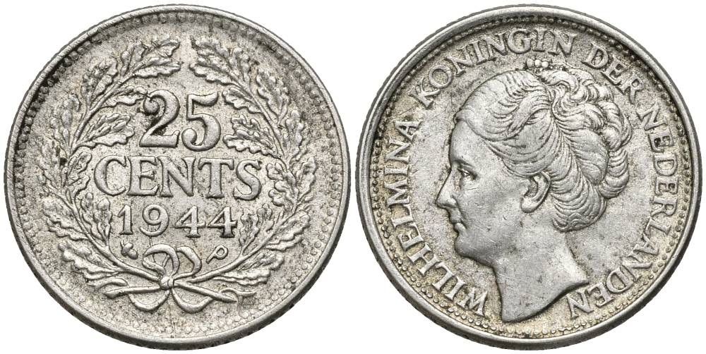 Нидерланды 25 центов 1944 Вильгельмина (1890-1948) KM 164 серебро 4549-1061