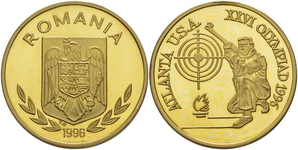 Румыния 100 леев 1996 XXVI Олимпийские игры 1996 года в Атланте, 100 лет Олимпийскому движению, стрельба, пробный выпуск  латунь  PROOF  11-204-45