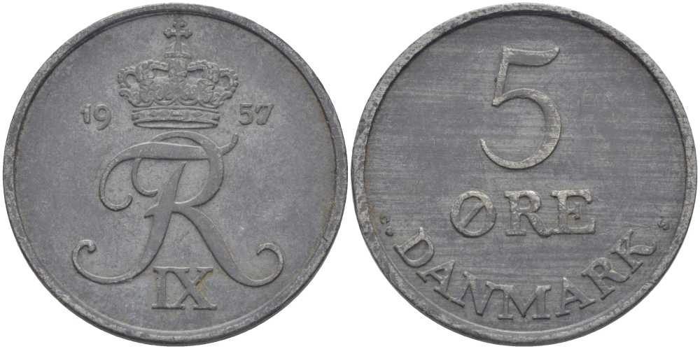 ДАНИЯ 5 ЭРЕ 1957 C; S, ФРЕДЕРИК IX (1947-1972) KM 843.2 цинк 38-413