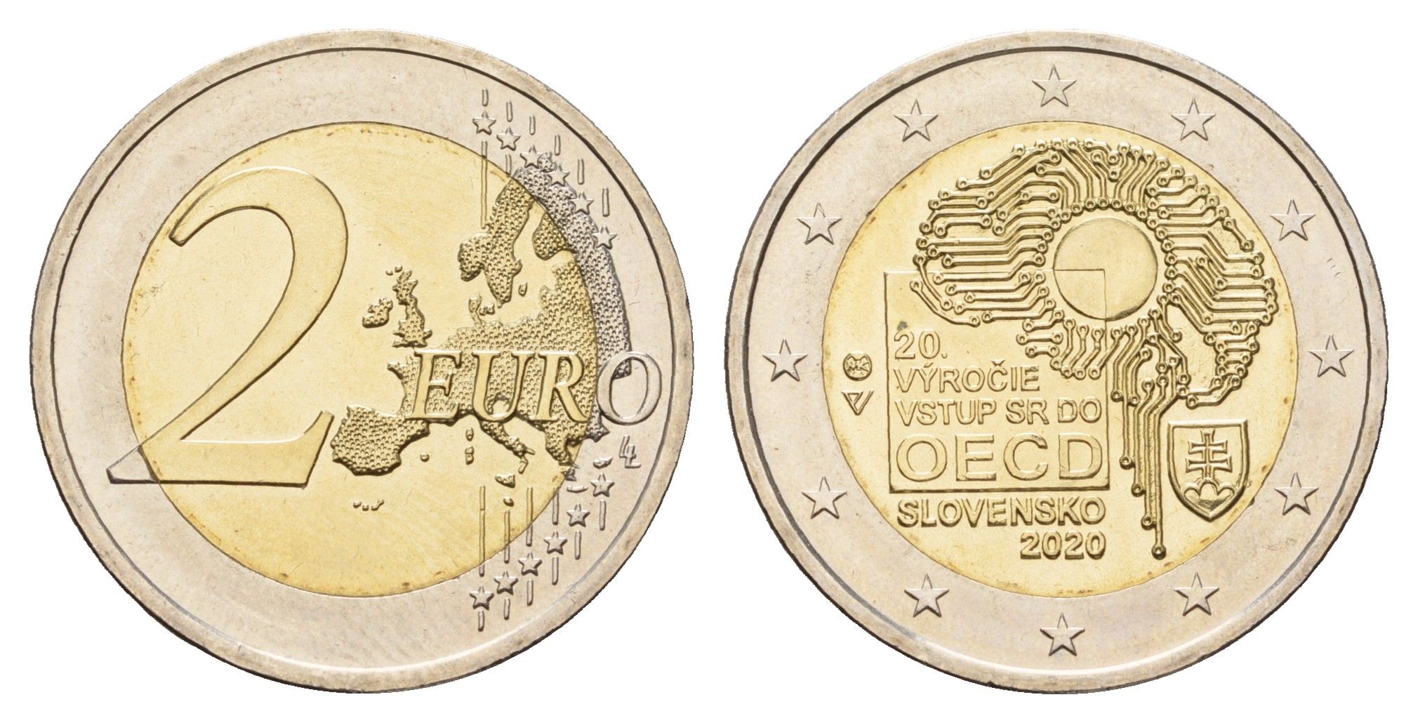 Словакия 2 евро 2020 20 лет вступлению Словакии в ОЭСР KM 170 биметалл UNC 68-926