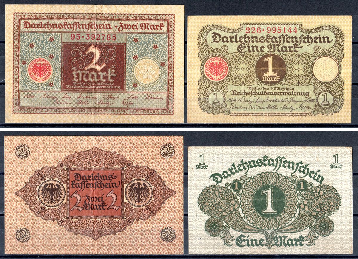 Германи лот из 2 банкнот (1 и 2 марки) 1920 Веймарская Республика Pick 58 и 60 бумага 7556-50-1-2