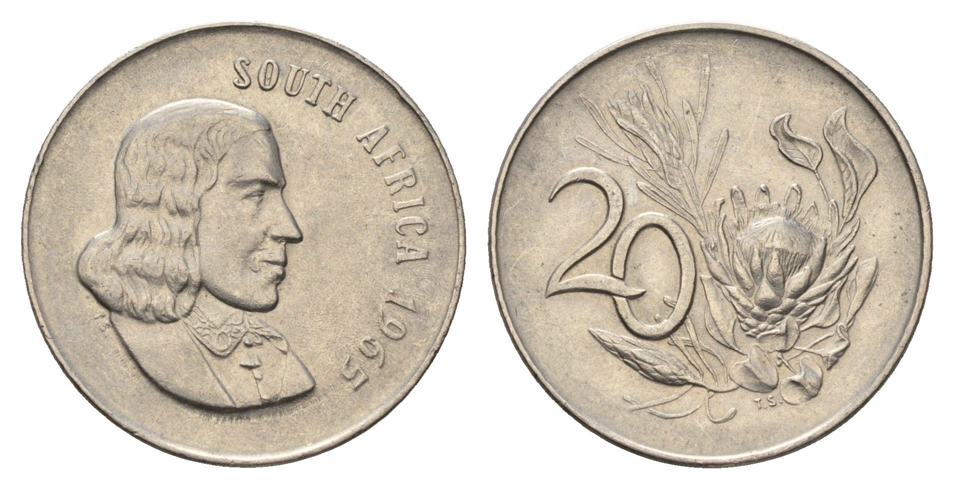 ЮАР 20 центов 1965 Ян ван Рибек (1619-1677), South Africa, легенда на английском, цветок протея KM 69.1 никель 4693-636