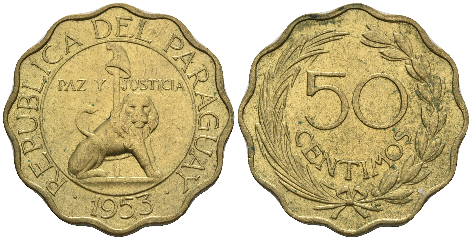 Парагвай 50 сентимо 1953 лев, фригийский колпак на шесте KM 28 алюминиевая бронза  aUNC  4176-1211