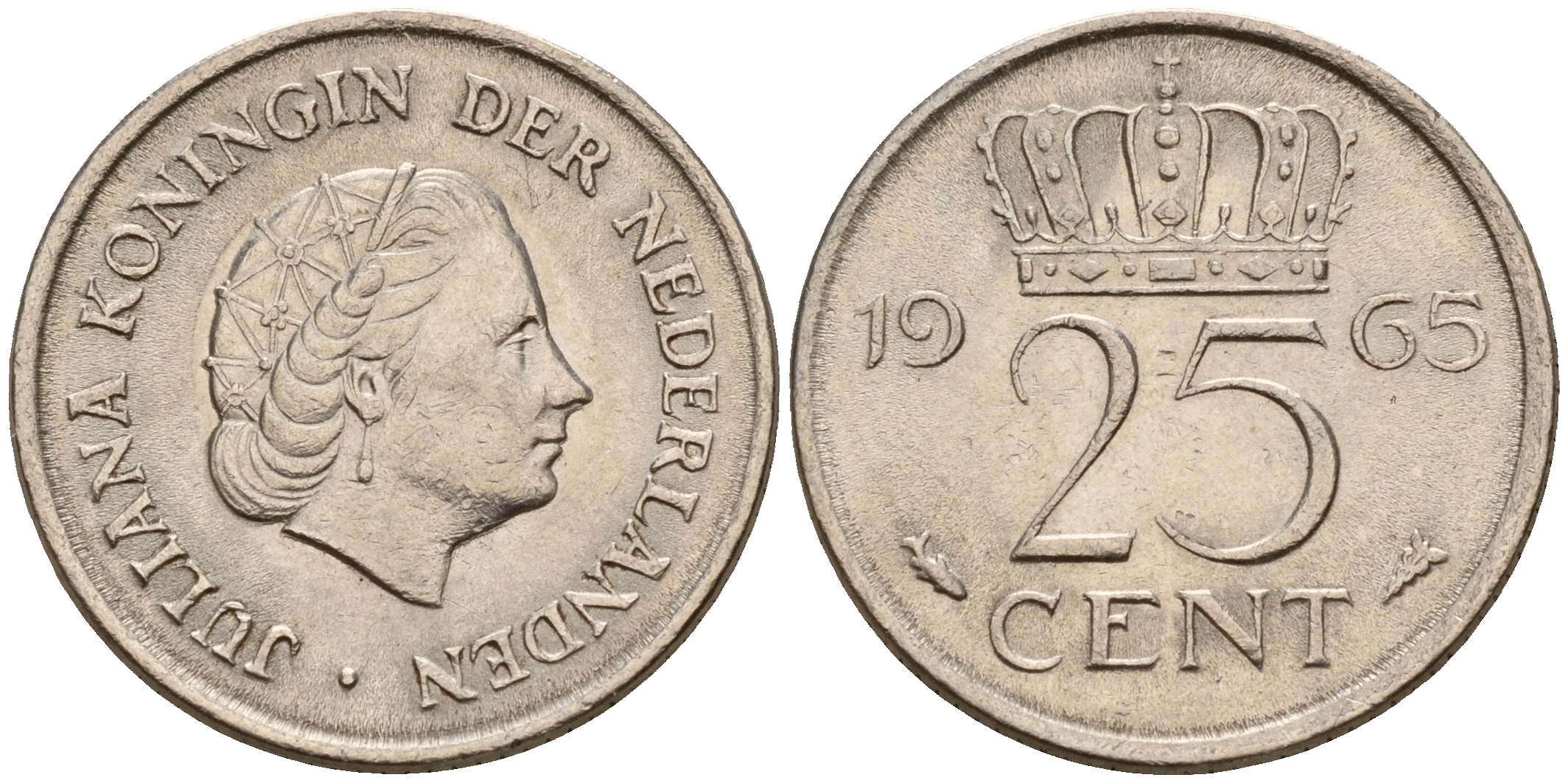 Нидерланды 25 центов 1965 Юлиана (1949-1980) KM 183 никель    4598-424