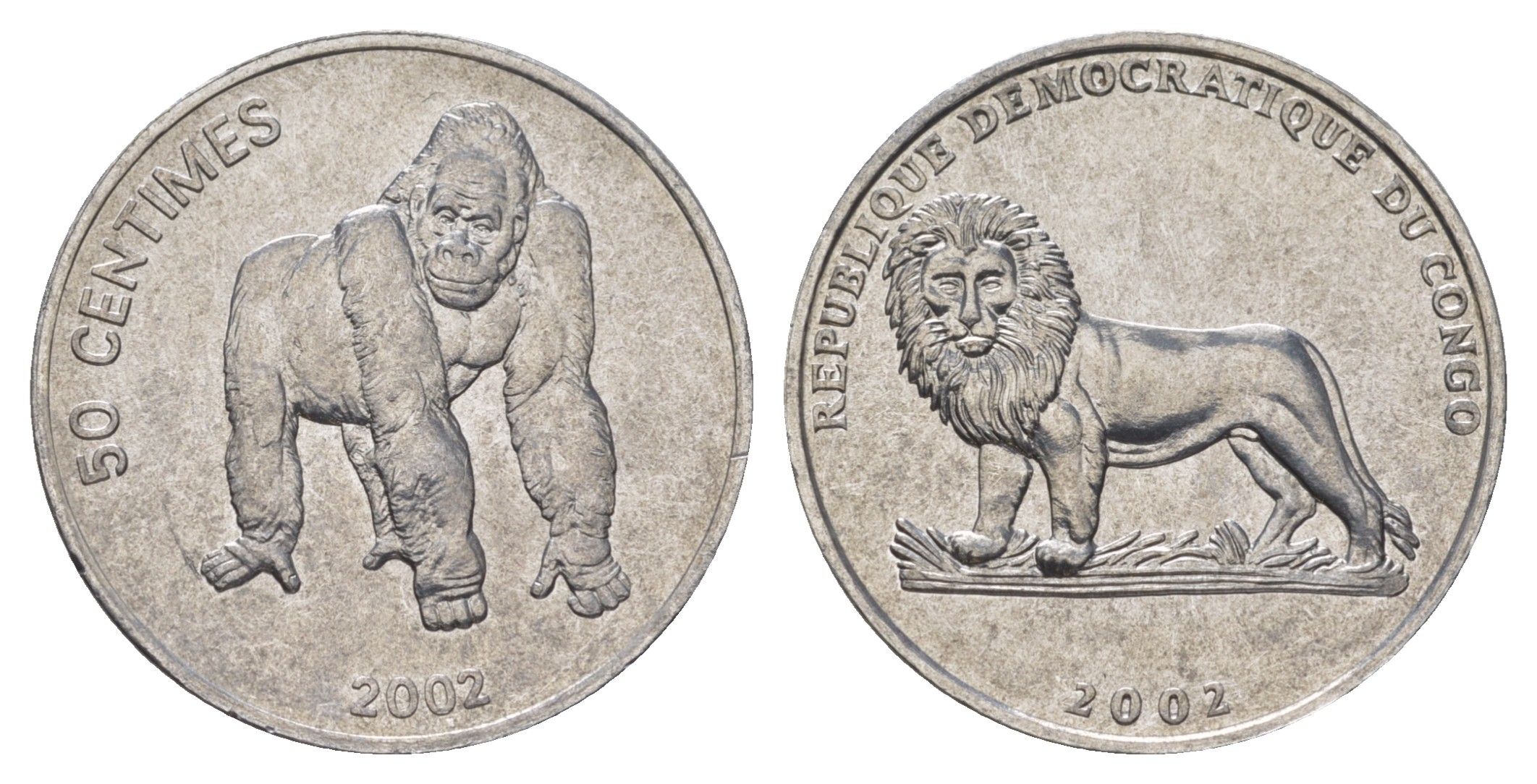 ДР Конго 50 сантимов 2002 Животные - Горилла KM 79 алюминий UNC 4626-427