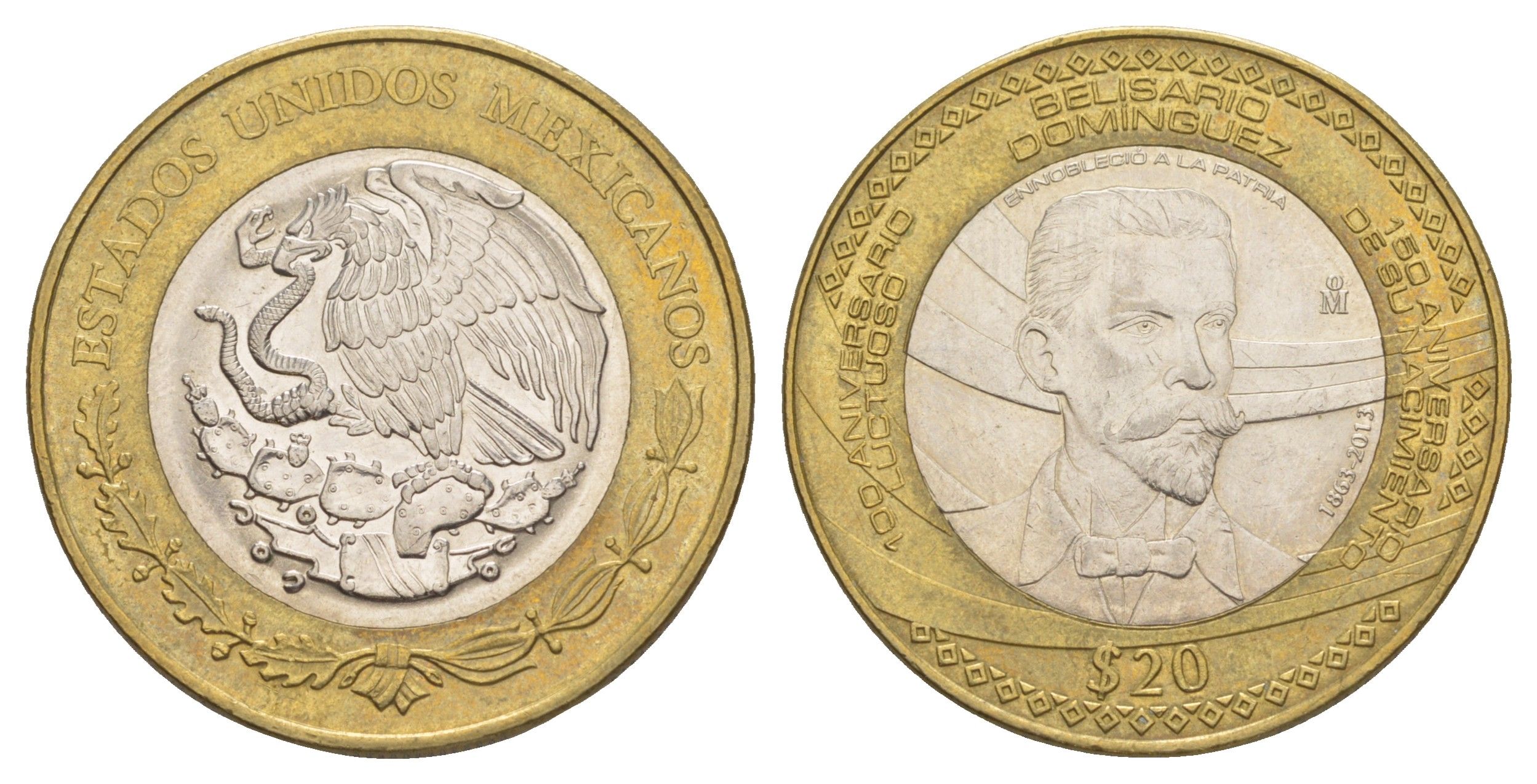 Мексика 20 песо 2013 150 лет со дня рождения Белисарио Домингеса KM 970 биметалл aUNC 1527-1321