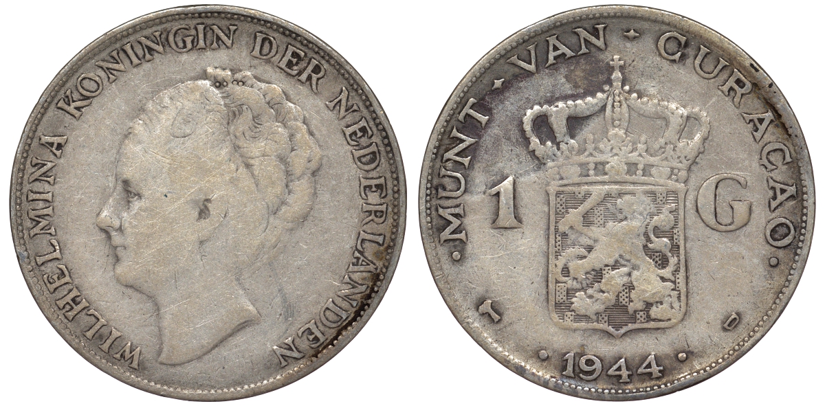 Нидерландское Кюрасао 1 гульден 1944 D, Вильгельмина (1890-1948) KM 45 серебро 36-551