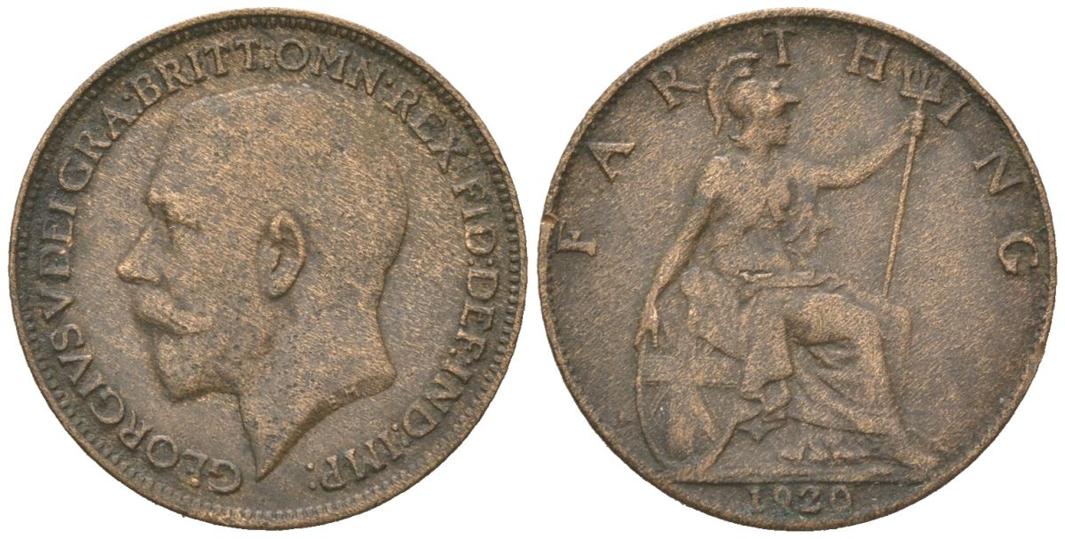 Великобритания 1 фартинг 1920 Георг V (1910-1936) KM 808.2, Spink 4060 бронза 4617-859
