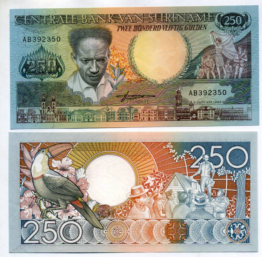 Суринам 250 гульденов 1988 Антон де Ком, тукан на ветке Pick 134 бумага UNC (пресс) 448-5-3