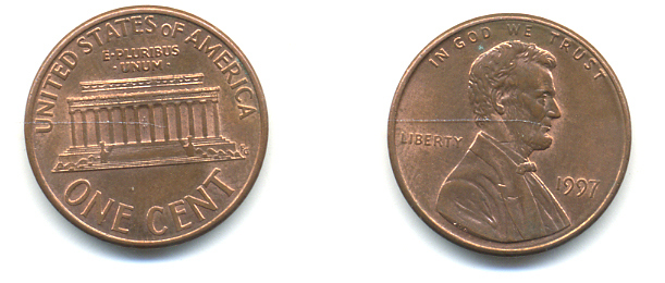 США 1 ЦЕНТ 1997 ЛИНКОЛЬН KM 201b цинк плакированный медью UNC 179-465