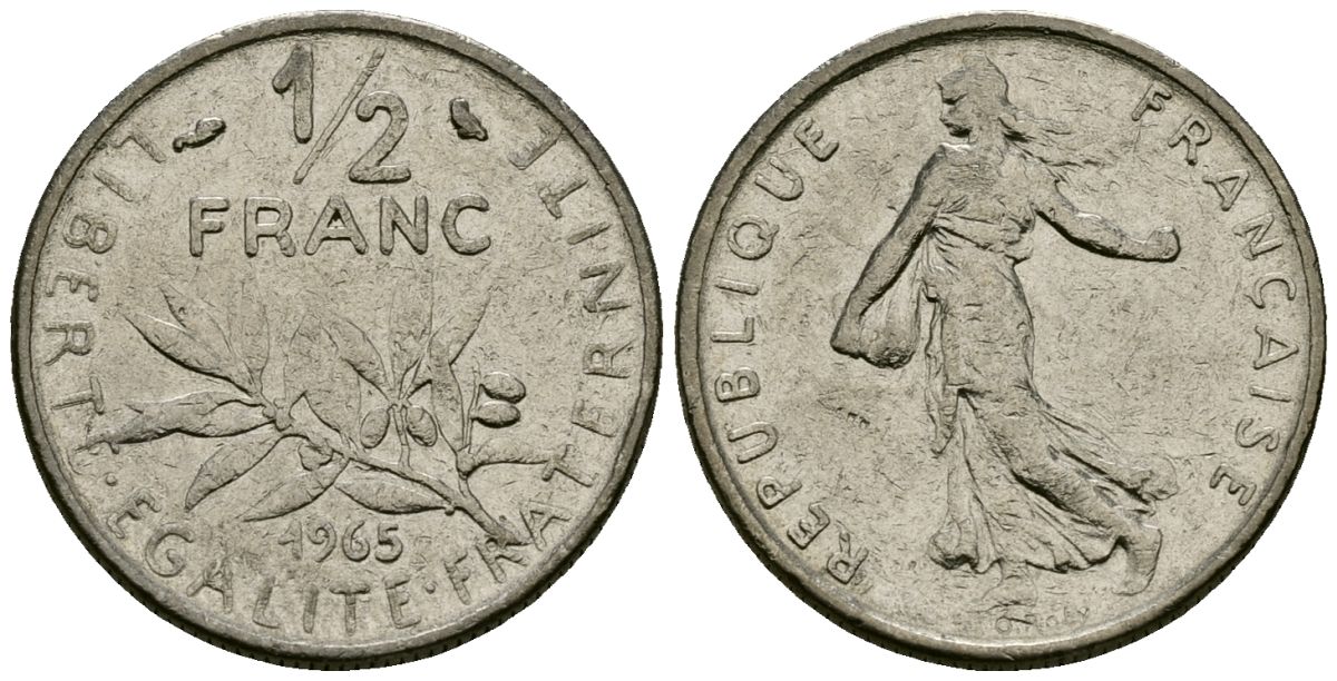 Франция 1/2 франка 1965 сеятель KM 931, Le Franc 198.3 никель 4135-645