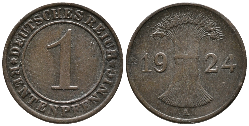 Германия 1 рентенпфенниг 1924 A KM 30, J. 306, Weege 1 бронза 39-831