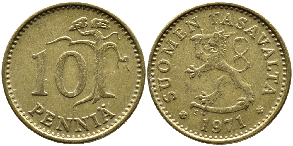 ФИНЛЯНДИЯ 10 ПЕННИ 1971 S KM 46 алюминиевая бронза 75-1665