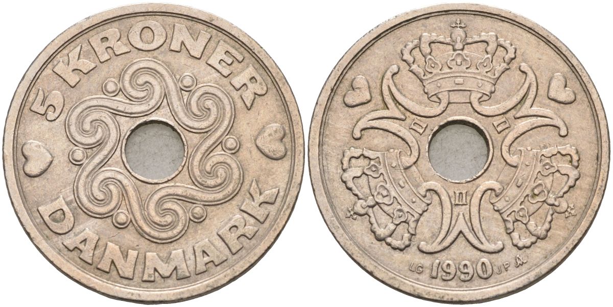 Дания 5 крон 1990 Маргрете II (1973-1988) KM 869 медно-никель 4593-924