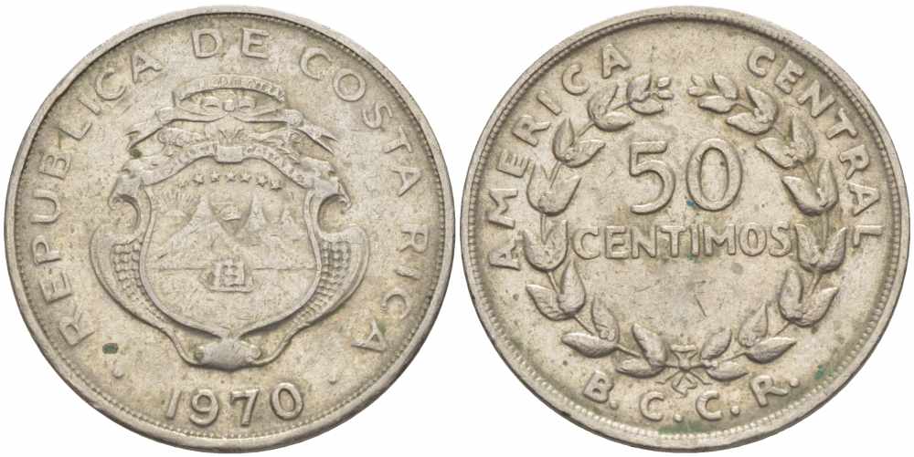 КОСТА-РИКА 50 СЕНТИМО 1970 P, В.С.С.R., ПАРУСНИК KM 189.3 медно-никель 35-425