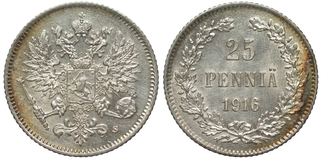 Россия для Финляндии 25 пенни 1916 S, Николай II (1894-1917) KM 6.2, Биткин 421 серебро 75-1246
