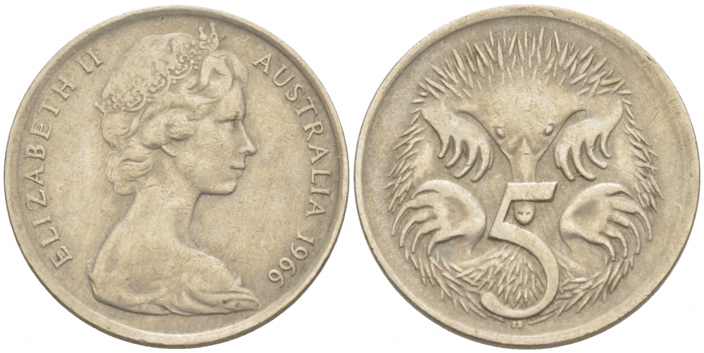 АВСТРАЛИЯ 5 ЦЕНТОВ 1966 ЕЛИЗАВЕТА II, МОЛОДОЙ ПОРТРЕТ, ЕХИДНА KM 64 медно-никель 3851-1119