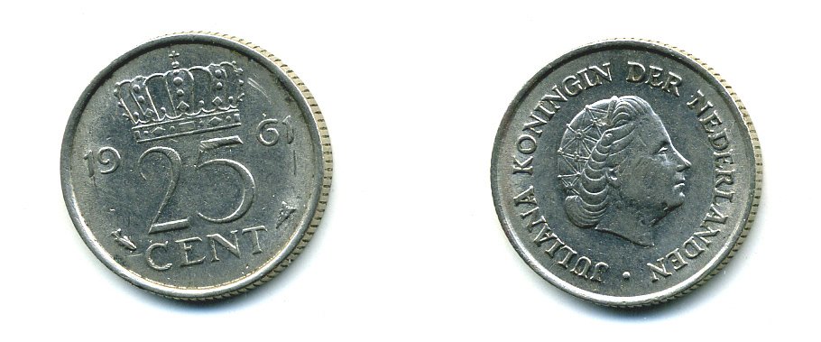 НИДЕРЛАНДЫ 25 ЦЕНТОВ 1961 ЮЛИАНА KM 183 никель 76-368