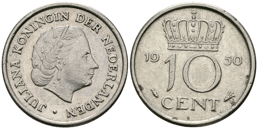 НИДЕРЛАНДЫ 10 ЦЕНТОВ 1950 ЮЛИАНА KM 182 никель 96-466