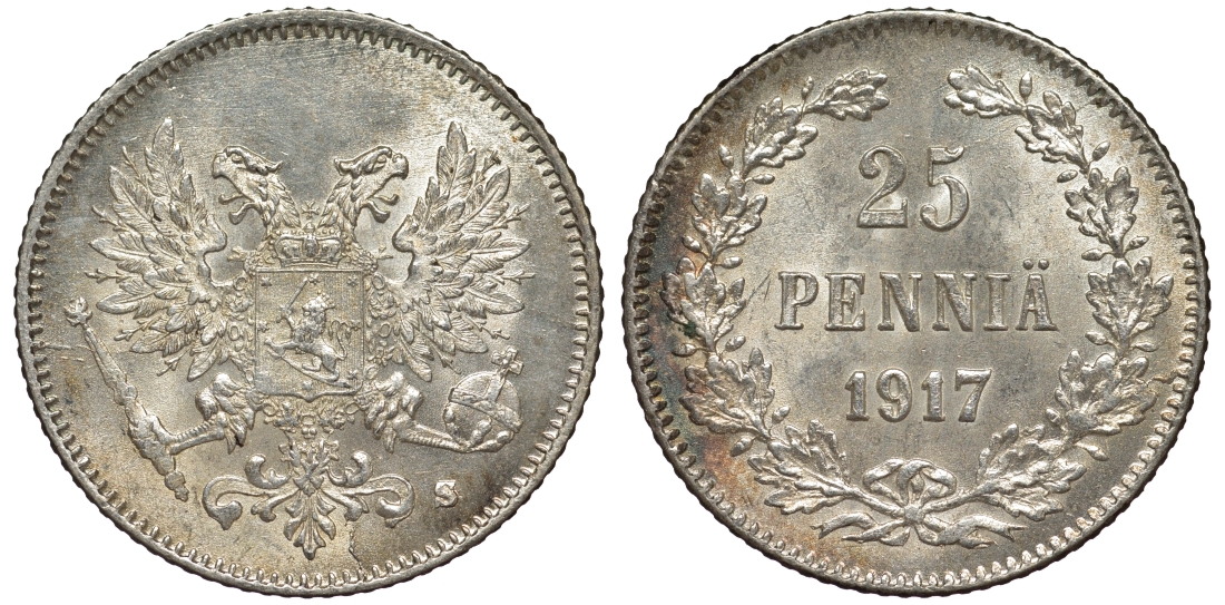 Россия для Финляндии 25 пенни 1917 S, временное правительство, без короны KM 19, Биткин 2 серебро 75-1516