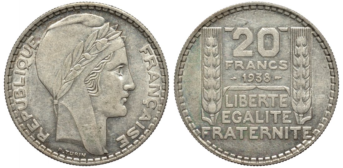 Франция 20 франков 1938 Пьер Тюрен KM 879, Le Franc 400.7 серебро 00-1067-4-51
