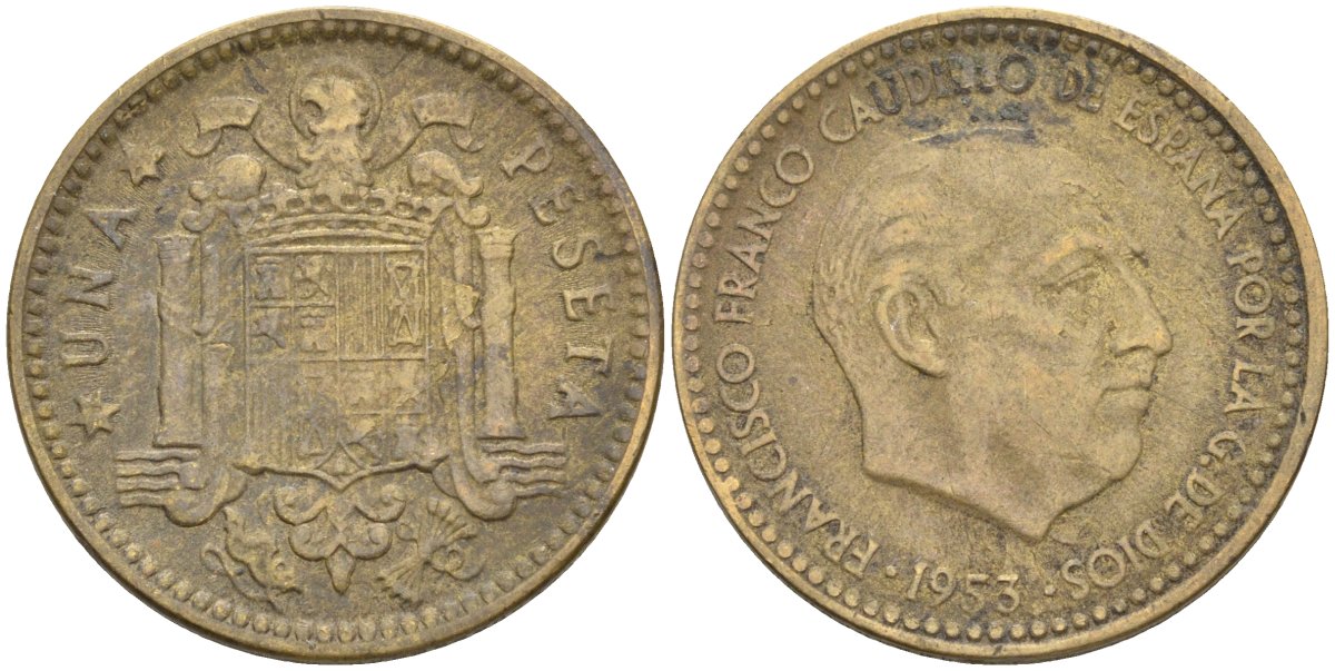Испания 1 песета 1953 (?) Франсиско Франко (1939-1975) KM 775 алюминиевая бронза 4604-327