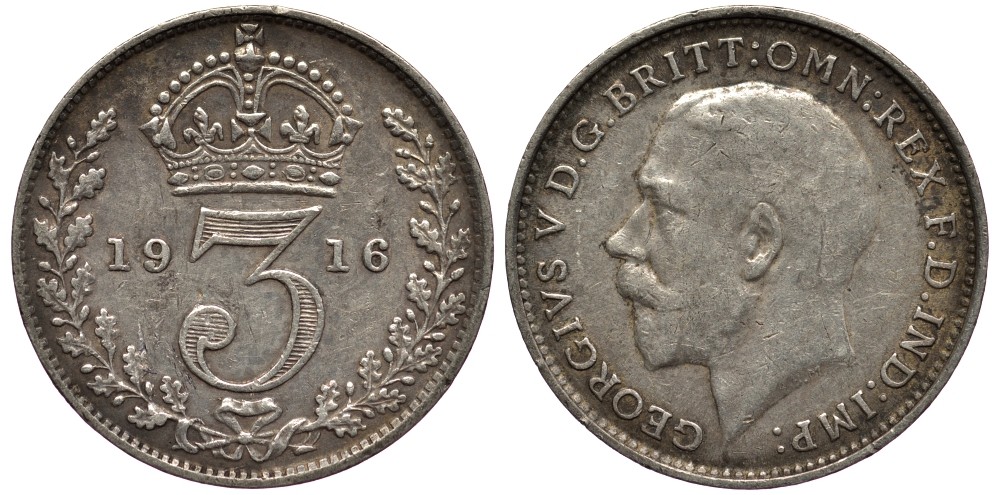 Великобритания 3 пенса 1916 Георг V (1910-1936) KM 813, Spink 4015 серебро 4528-444