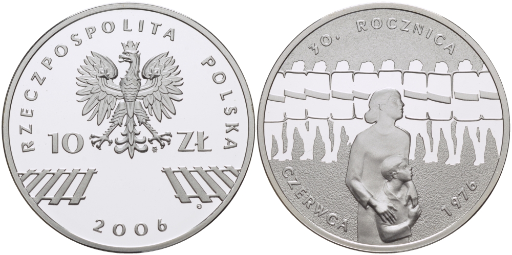 Польша 10 злотых 2006 MW, 30 лет акциям протеста в июне 1976 года KM 598 серебро PROOF 1087-7-25