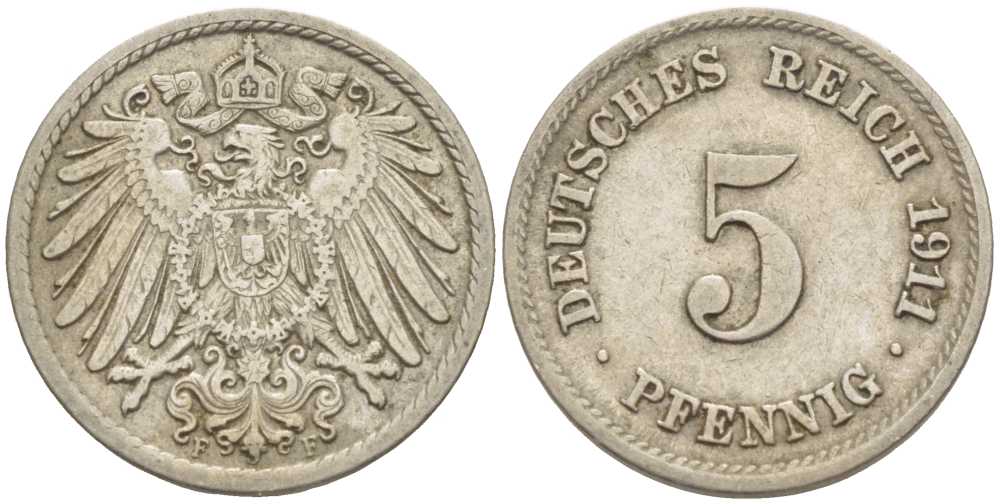 Германия 5 пфеннигов 1911 F KM 11, Jager 12, Weege 6 медно-никель 105-153