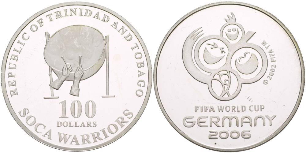 Тринидад и Тобаго 100 долларов 2002 чемпионат мира по футболу в Германии 2006 года, FIFA, микроцарапины KM серебро PROOF 1088-5-51