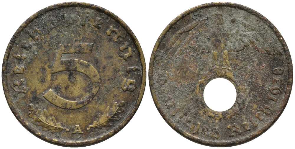 ГЕРМАНИЯ 5 РЕЙХСПФЕННИГОВ 1938 А KM 91, J. 363 алюминиевая бронза 112-713