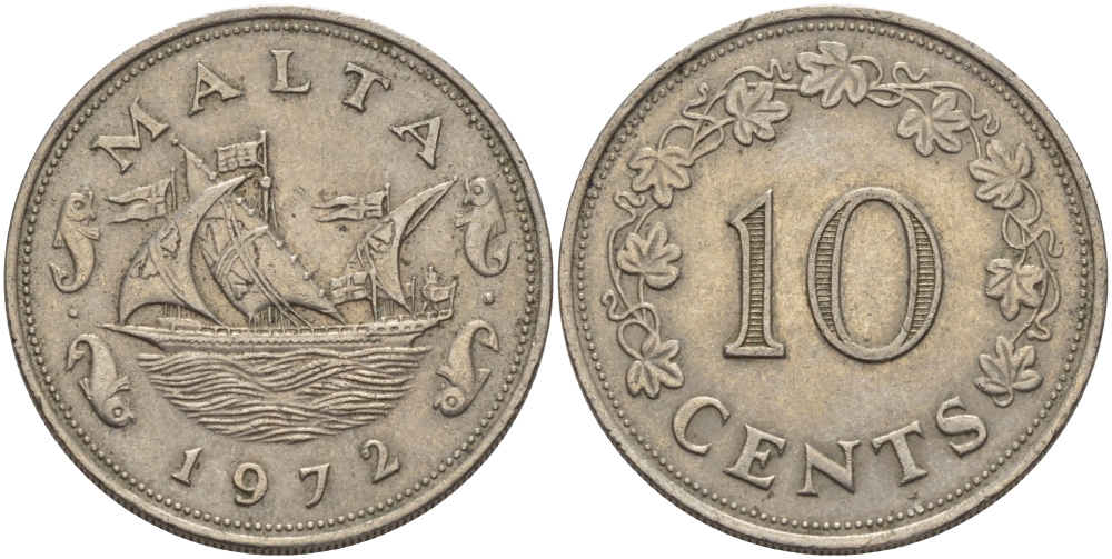 Мальта 10 центов 1972 баржа Великого магистра KM 11 медно-никель 82-624