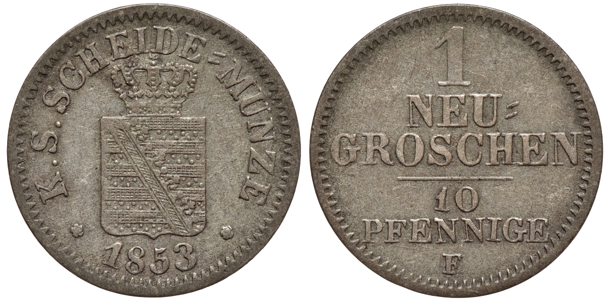 Саксония 1 новый грош - 10 пфеннигов 1853 Фридрих Август II (1797-1854) KM 1159, J. 82 серебро 75-132
