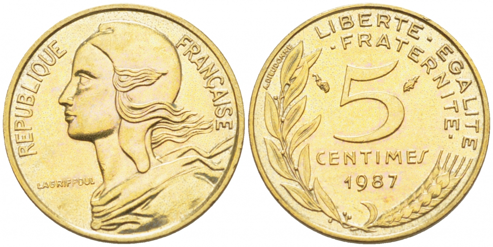 ФРАНЦИЯ 5 САНТИМОВ 1987 ТИП MARIANNE KM 933 медь алюминий никель 112-851