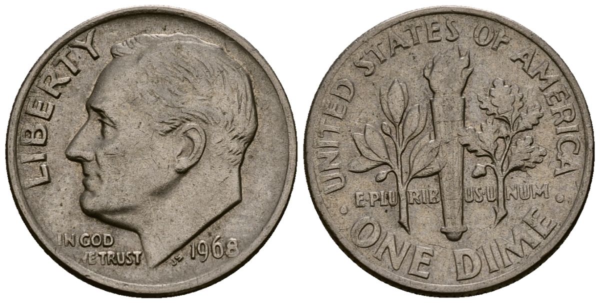 США 10 центов (дайм) 1968 Рузвельт, S KM 195a медь плакированная медно-никелем 4164-945