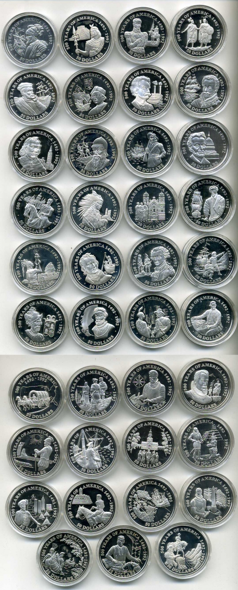 Острова Кука шикарный набор из 39 монет по 50 долларов 1990-1993 500 лет открытия Америки, в оригинальной коробке серебро PROOF 00-000-00