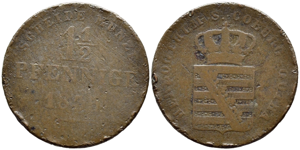 САКСЕН-КОБУРГ-ГОТА 1 1/2 ПФЕННИГА 1835 KM 85 медь 84-1554