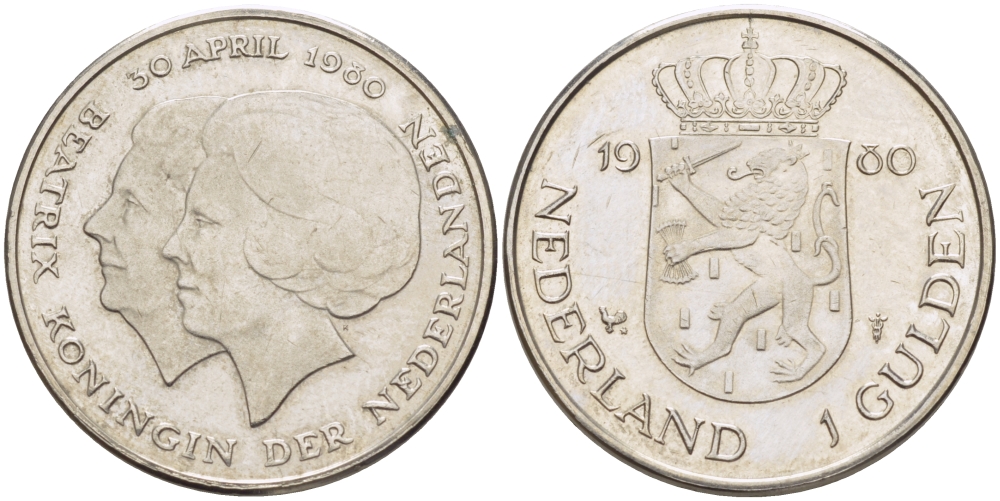 Нидерланды 1 гульден 1980 на коронацию Беатрикс, 30 апреля 1980 KM 200 никель 31-824