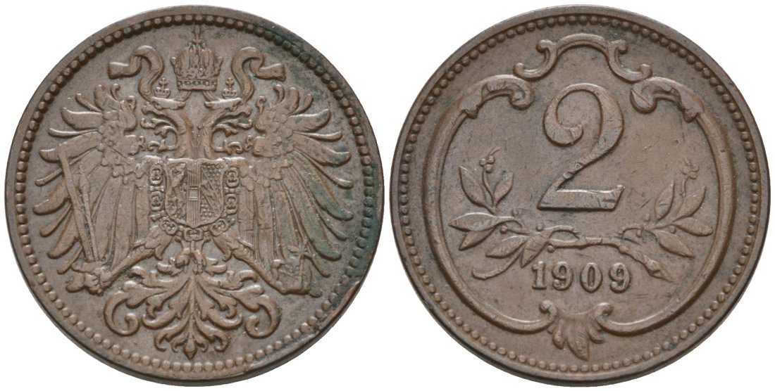Австрия 2 геллера 1909 KM 2801 бронза 4567-319