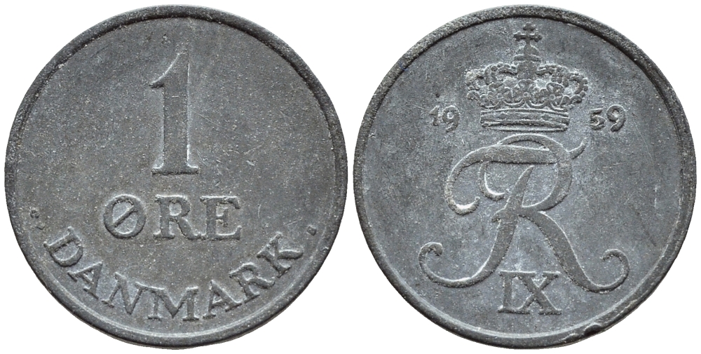 ДАНИЯ 1 ЭРЕ 1959 С; S, ФРЕДЕРИК IX (1947-1972) KM 839.2 цинк 46-1065