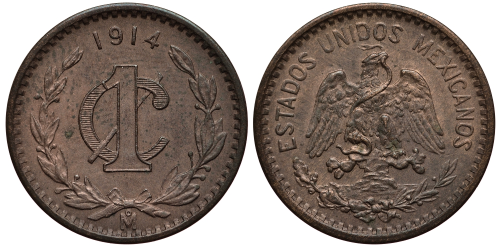 МЕКСИКА 1 СЕНТАВО 1914 ДАТА ШИРОКАЯ KM 415 бронза XF- 4401-652