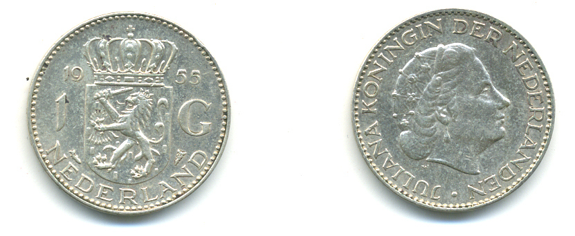 Нидерланды 1 гульден 1955 Юлиана (1948-1980) KM 184 серебро 83-741