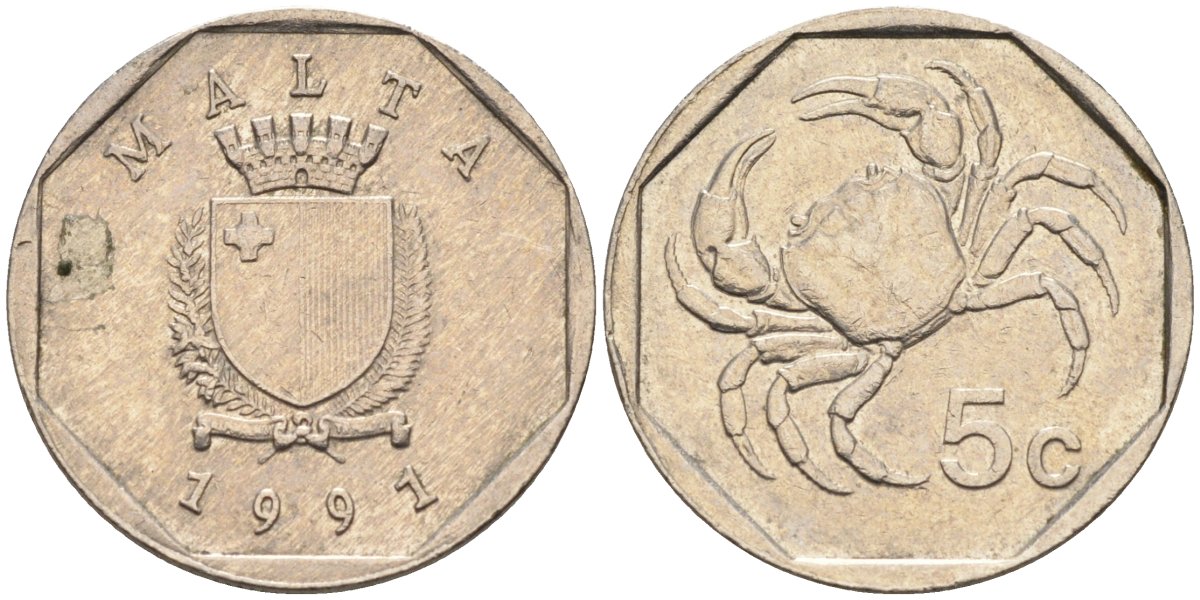 Мальта 5 центов 1991 краб KM 95 медно-никель 4588-121