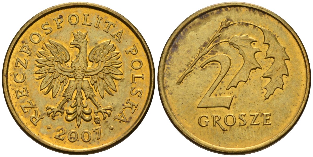 Польша 2 гроша 2007 MW KM 277, Parchimowicz 702n латунь 4580-531