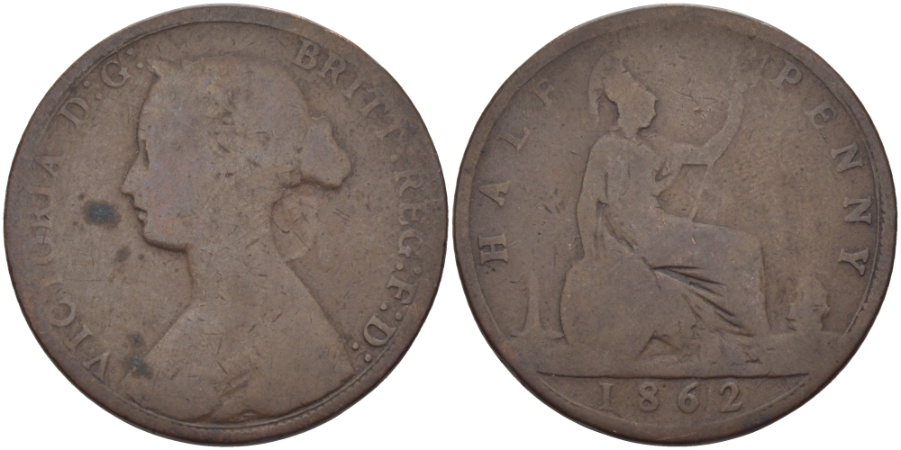 Великобритания 1/2 пенни 1862 Виктория (1837-1901) KM 748.2, Spink 3956 бронза 28-321
