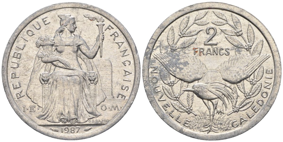Французская Новая Каледония 2 франка 1987 птица кагу, (IEOM) KM 14, Schoen 11, Lec 64 алюминий    24-212