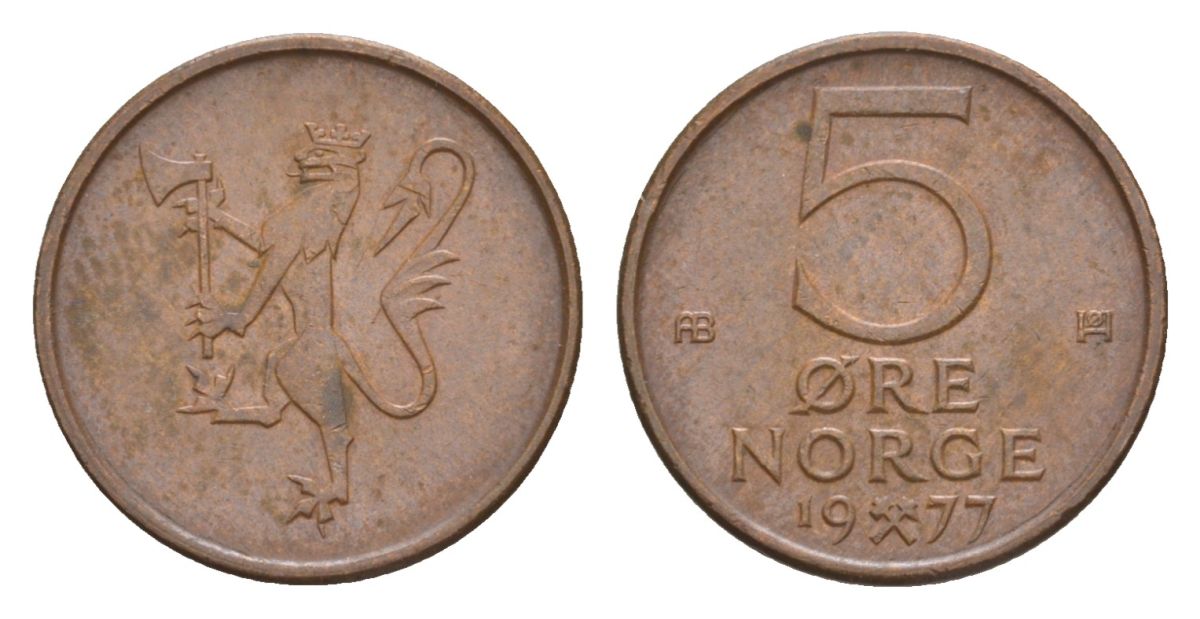 Норвегия 5 эре 1977 Улаф V (1957-1991) KM 415 бронза UNC 4632-1264